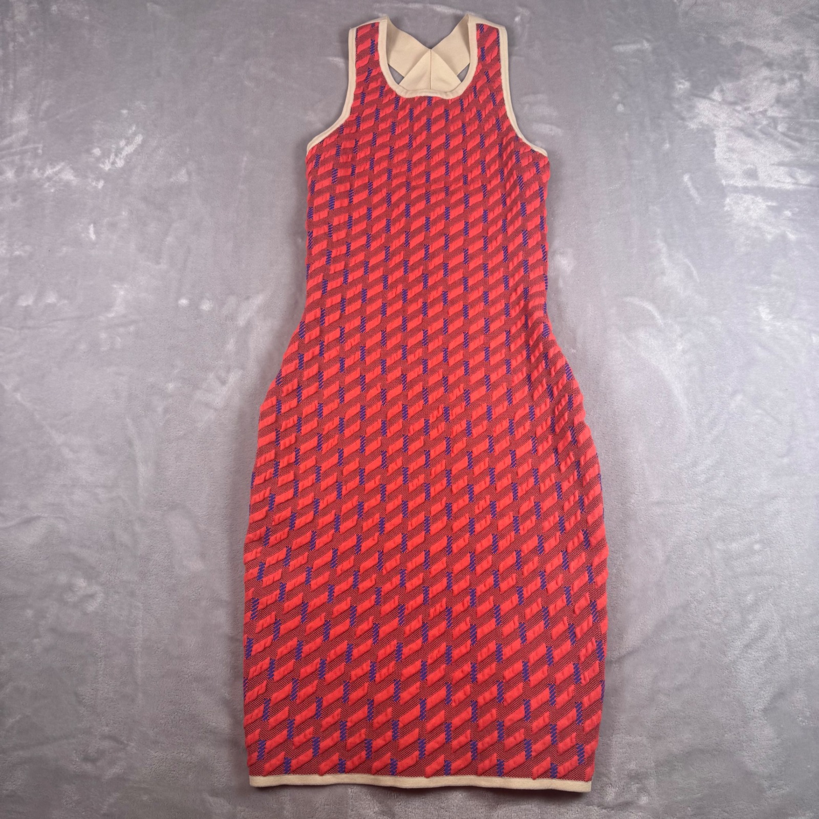 Jonathan Simkhai Womens Coral Navy Geometric Knit Criss Cross Back Midi Dress S